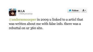 Illustration for article titled M.I.A. and Anderson Cooper Ignite and Resolve Feud in an Hour and Twenty-One Minutes